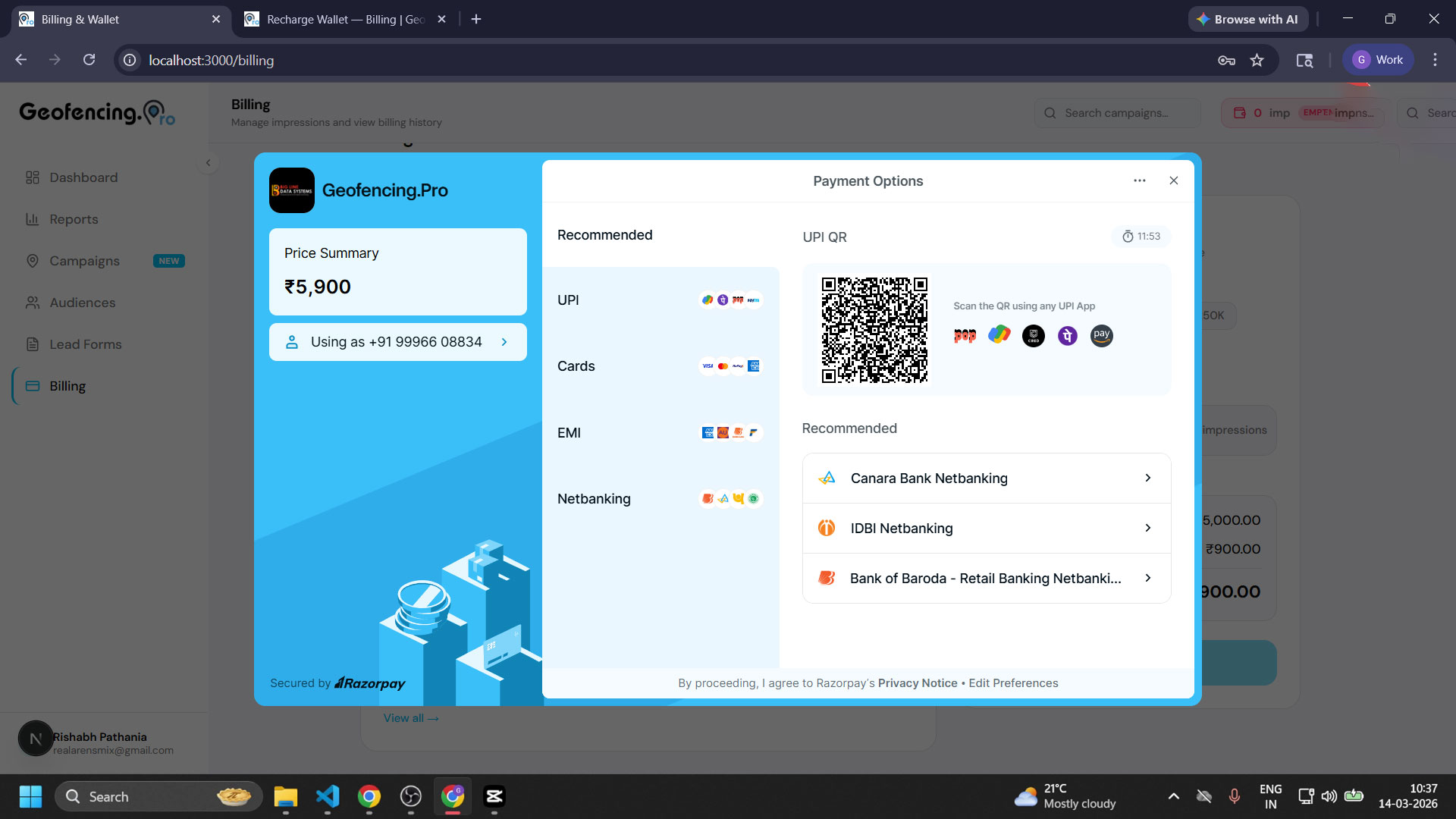Pay button on the recharge wallet page