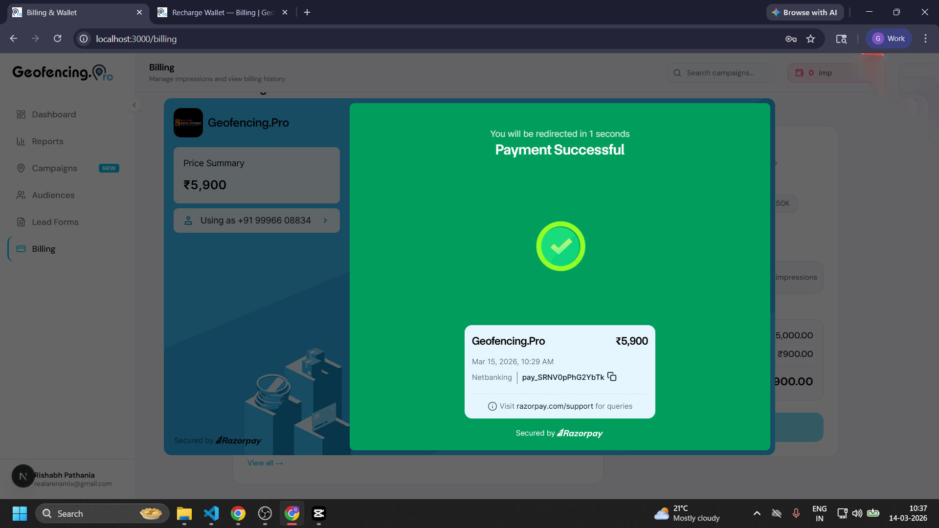 Razorpay payment popup with multiple payment method options