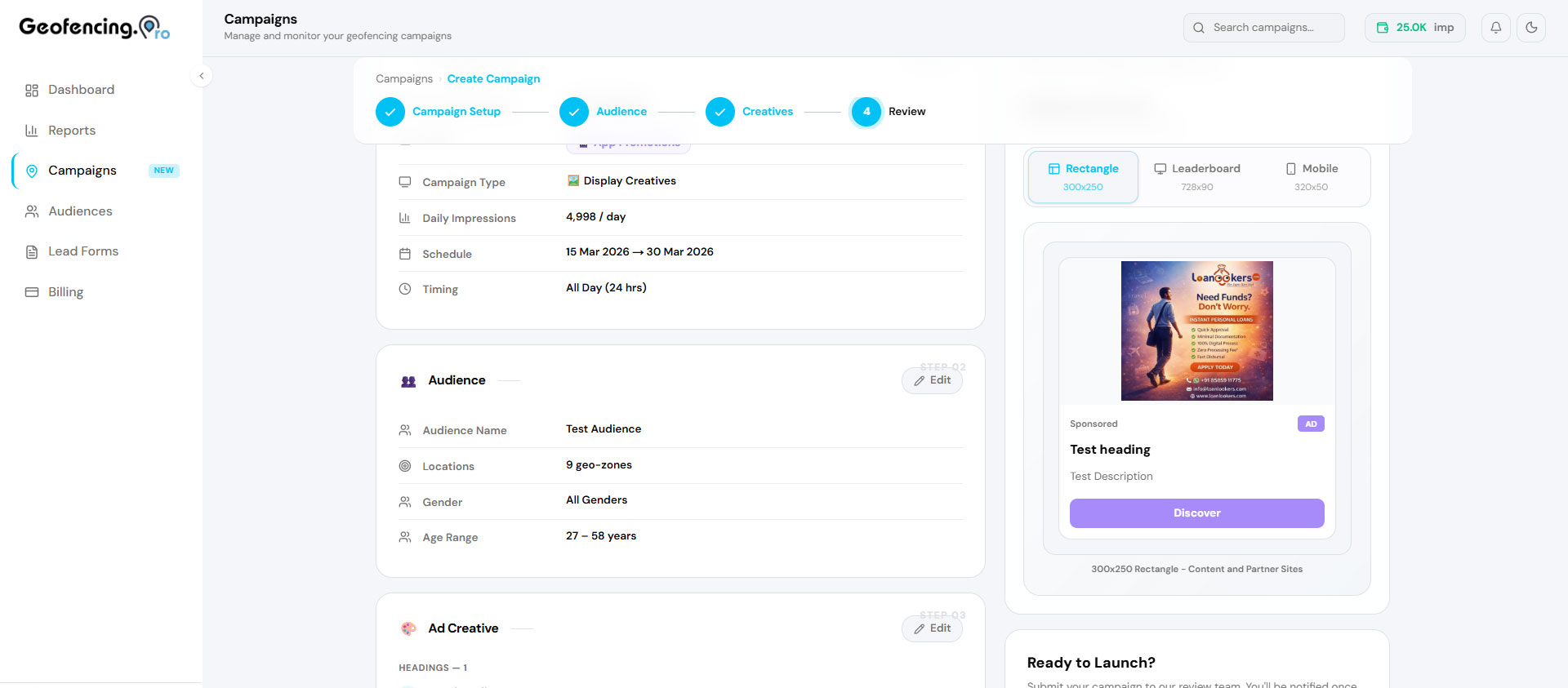 Final review page showing a full summary and live ad preview