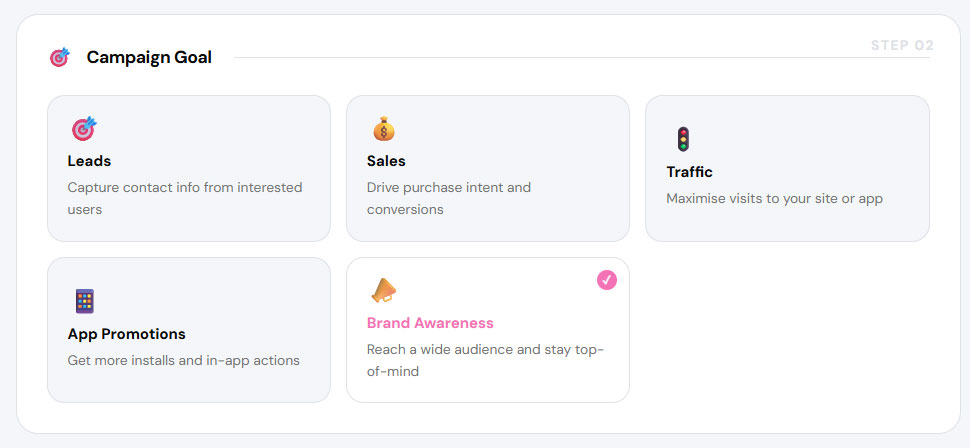 Campaign goal selection with Brand Awareness option highlighted