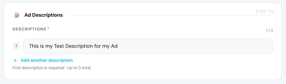 Ad descriptions input field in the Adset step
