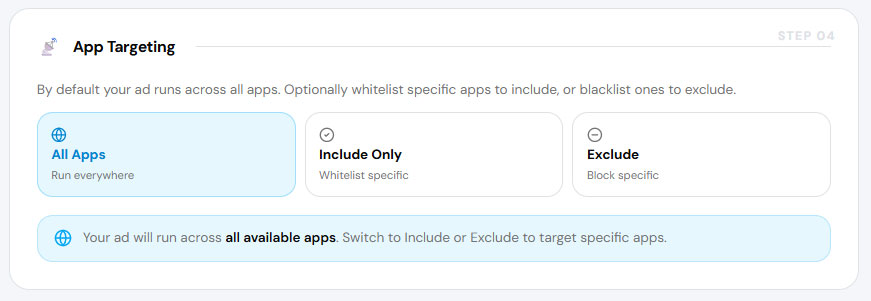 App Targeting section with Include Only and Exclude options