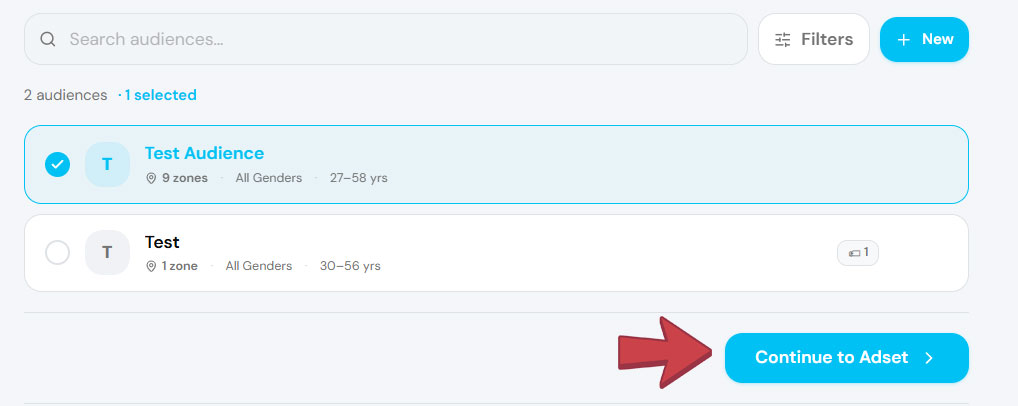 Audience selection screen with saved audiences listed