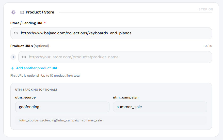 Destination URL input field for Sales campaign