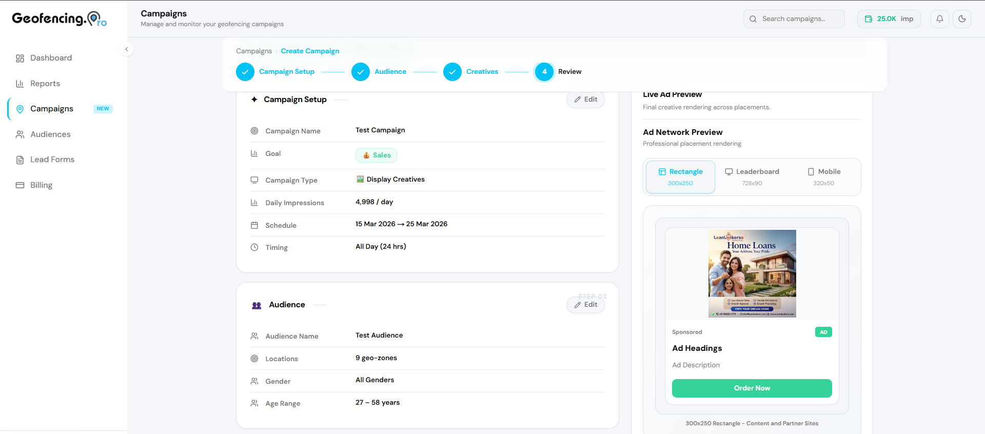 Final review page showing a full summary and live ad preview