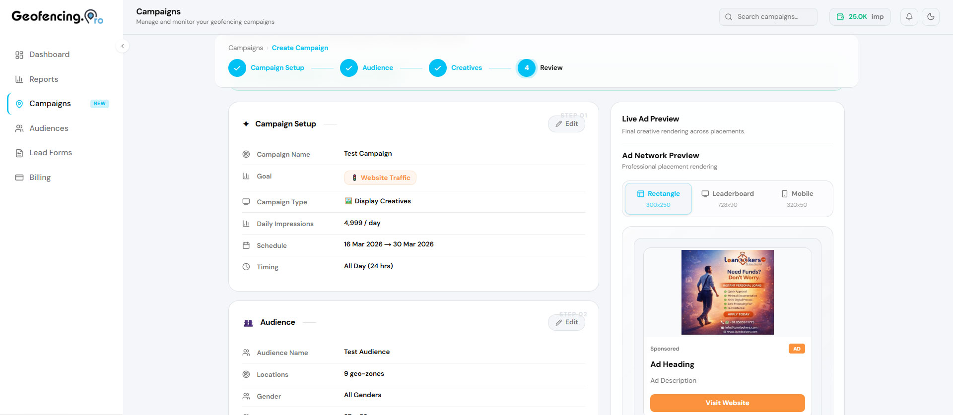 Final review page showing a full summary and live ad preview