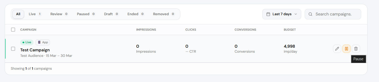Campaign row with pause icon highlighted