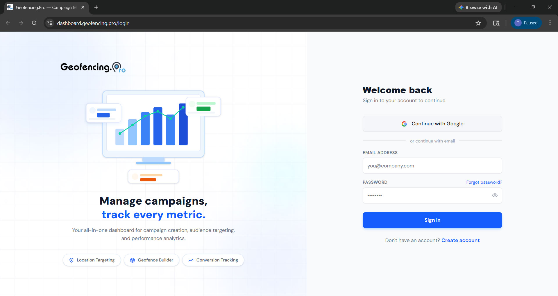 dashboard.geofencing.pro login screen